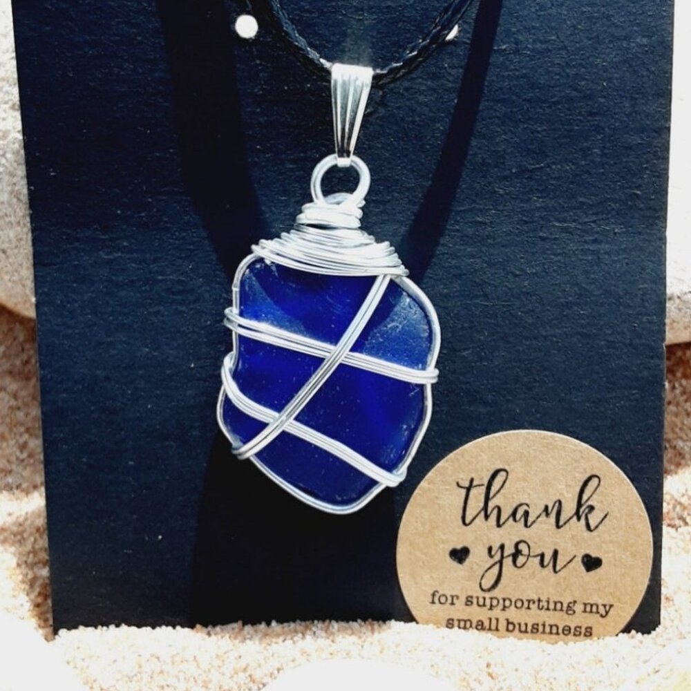 Wire wrapped Cobalt blue sea glass necklace